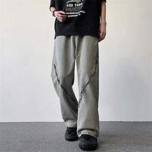 217-2-K1591-P55美式高街黄泥染牛仔裤男春季宽松直筒阔腿休闲裤图片
