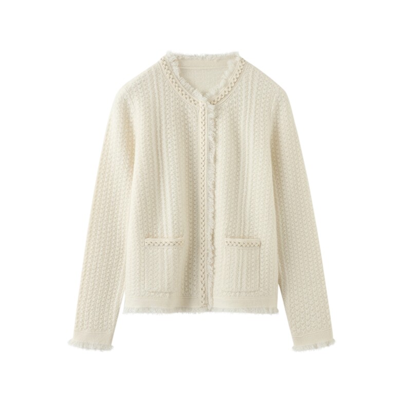 圆领流苏边羊绒衫女2024年秋冬新款宽松显瘦短款，女装羊绒衫，温达纯山羊绒