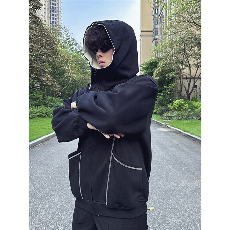 抖音得物高品质秋冬美式高街重磅结构辑明线纹理连帽卫衣外套W111,女装短外套,电商A486-1