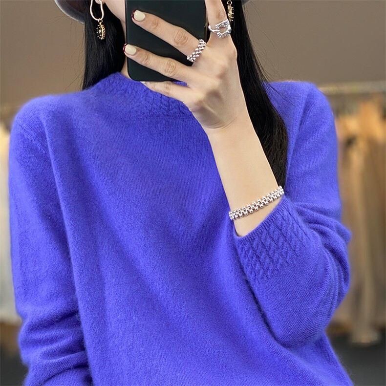 秋冬新款宽松显瘦百搭简约绞花纹半高领羊毛衫,女装羊毛衫,吉高羊绒