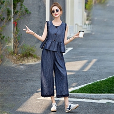 休闲牛仔背心马甲阔腿裤两件套女2025夏新款小个子超好看减龄套装，女装套装/套裙，依如秀(原杭风阁)
