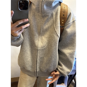 抖音得物高品质二开 26春装美式高街重磅结构高领连帽卫衣外套W62图片
