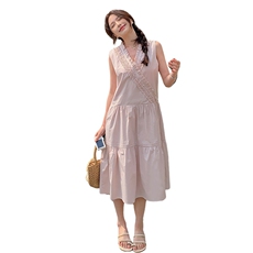 浅粉色木耳边无袖连衣裙女2025夏季新款韩系小个子甜美减龄背心裙，女装连衣裙，浙宝220