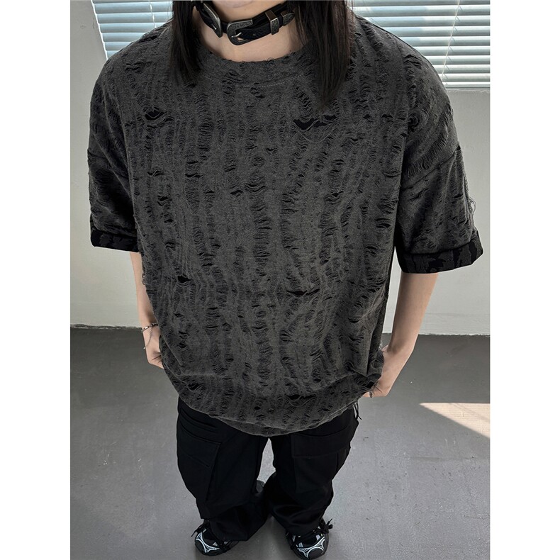 主推高质量夏季破洞短袖重磅情侣t恤女设计感中性上衣D247P30,男装T恤,电商A335-1（原A458）