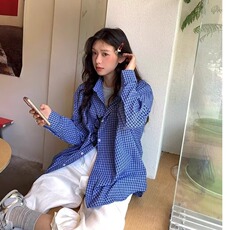 XZ286-P34美式复古蓝色格子长袖衬衫男女春秋潮牌高级感休闲宽松，男装T恤，电商B323A