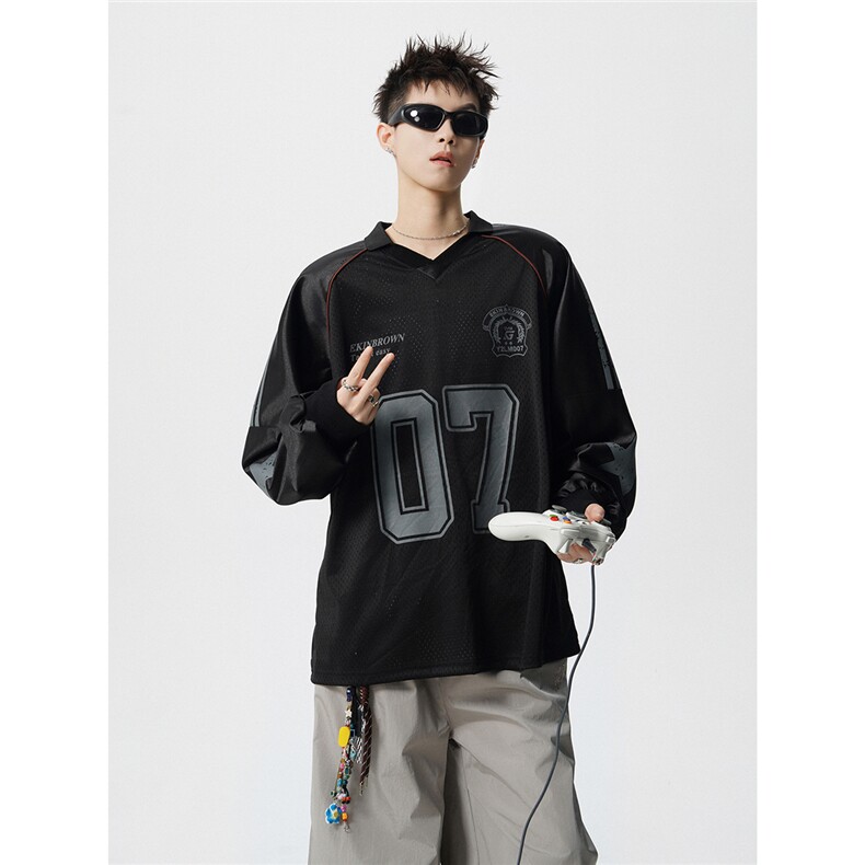 美式翻领POLO衫大码M-5XL插肩拼接V领球衣长袖T恤T78096P48控78，男装Polo衫，星座226-1