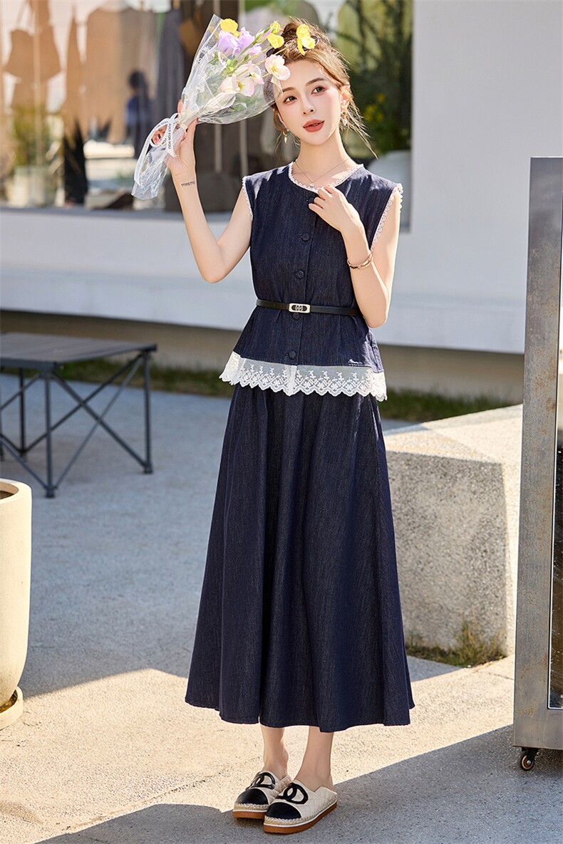 法式小香风牛仔套装裙女2025夏新款修身蕾丝拼接马甲半身裙两件套,女装套装/套裙,美沁