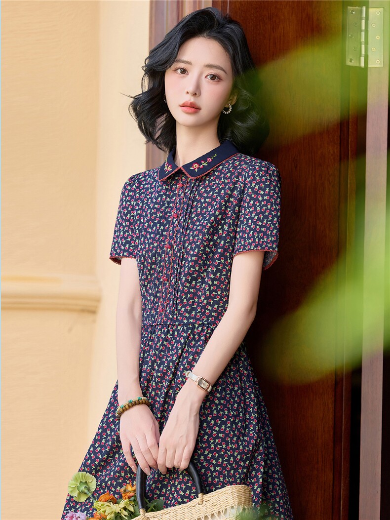 田园风碎花刺绣连衣裙女春夏收腰显瘦中长裙（细节图颜色为准）,女装连衣裙,水衣源