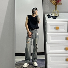 小个子破洞牛仔百搭简约长裤新款牛仔裤高腰潮流文艺JX1321-P50，男装牛仔裤，星座1109-3