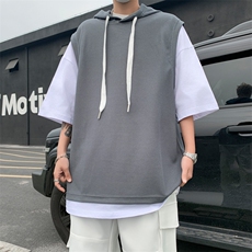 夏款男假两件T恤连帽背心华夫格T恤衫T256P30，男装T恤，星座1013-1