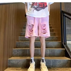 夏季粉红色破洞牛仔裤男时尚薄款松紧裤沙滩旅游多巴胺五分裤，男装牛仔裤，星座506A