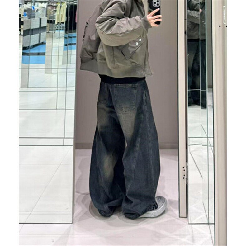 复古水洗解构弯刀牛仔裤男女宽松直筒美式休闲阔腿拖地裤N1049,男装牛仔裤,星座1116A（原606A-3）