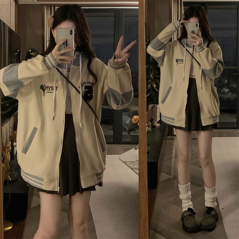 春季拼接绣花新款连帽卫衣开衫女宽松慵懒风学生上衣外套C686-88图片