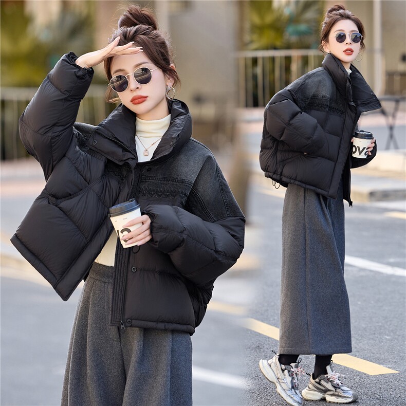 2025冬季新款韩版宽松立领牛仔拼接90白鸭绒羽绒服女短款面包服，女装羽绒服，沁沁公主