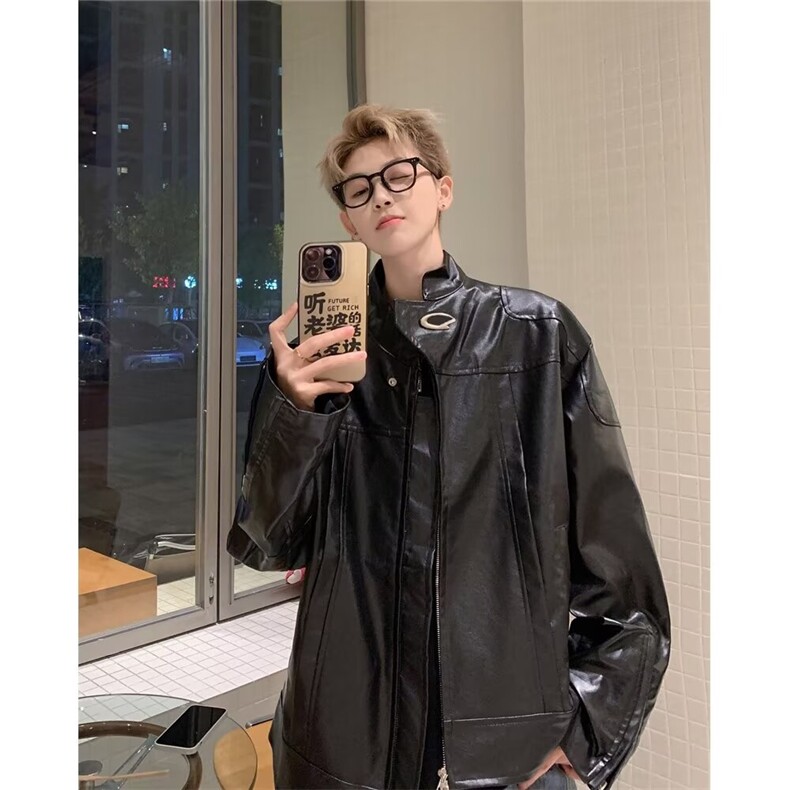 高级感立领机车皮衣男宽松短款垫肩夹克外套夹棉 K2593图片