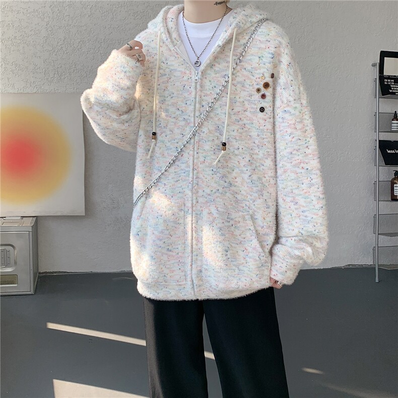渐变彩虹连帽针织开衫卫衣大码软糯慵懒毛衣外套LS201-特P52-控98,男装针织衫/毛衣,电商B215