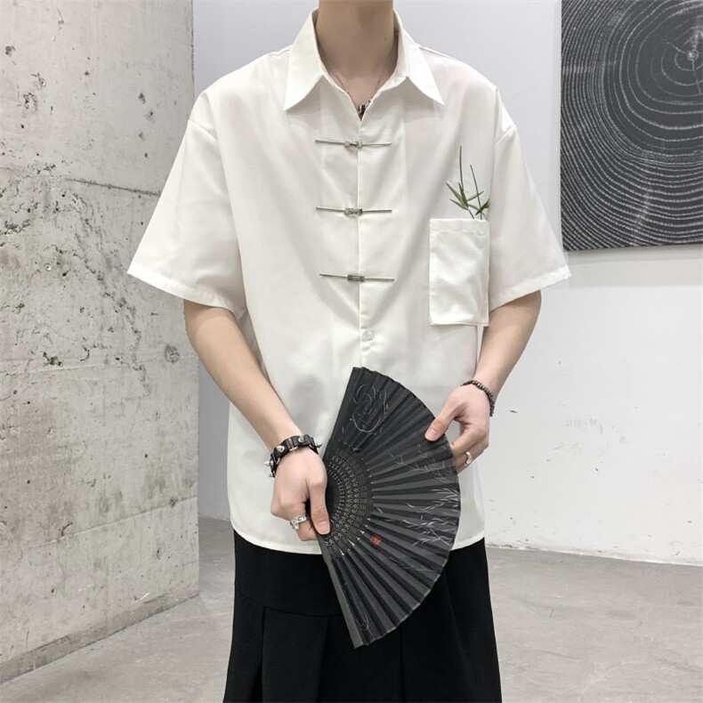 到货夏装2024风新中式复古油画翠竹刺绣男女小众休闲短袖衬衫,男装T恤,星座909