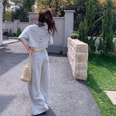 酷盐系休闲牛仔套装女2025夏新款时尚短款外套阔腿裤小个子两件套，女装套装/套裙，2C305