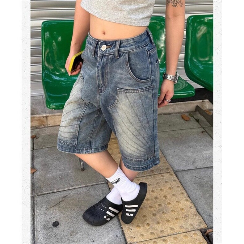 美式做旧牛仔短裤男潮流夏季新款宽松百搭直筒五分裤D066图片