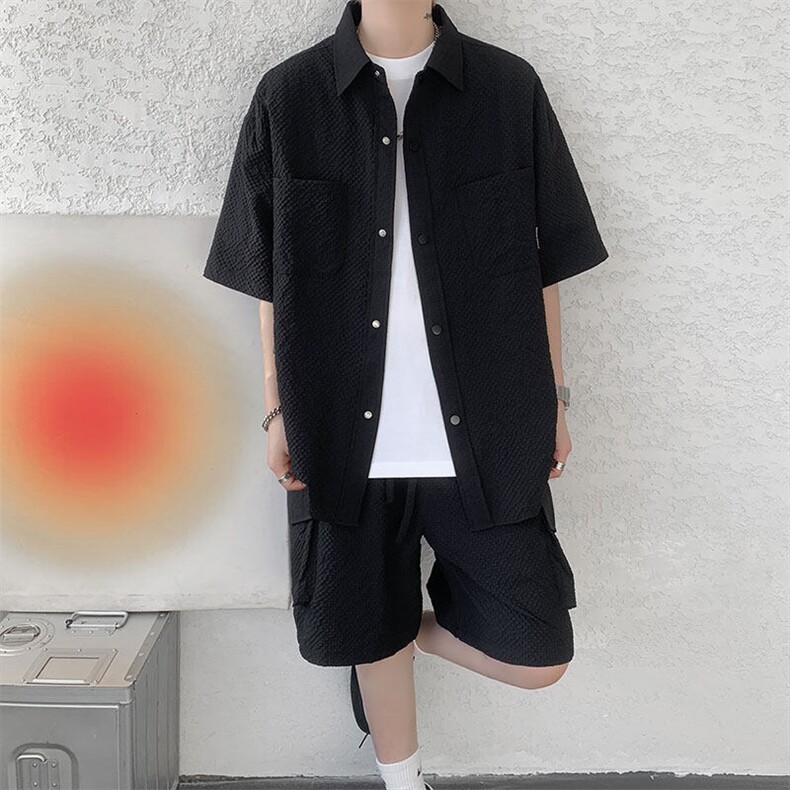 已下单TZ771-特批52 控88新款速干肌理感短袖衬衫短裤T恤大码套装图片