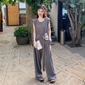 灰色盐系高级感套装女2025夏季新款时尚百搭背心显瘦阔腿裤两件套图片