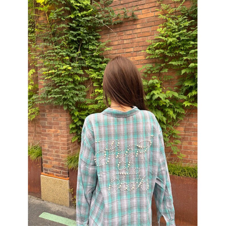 XZ-221-1/C70/P55美式高街设计感格纹珍珠衬衣男女百搭慵懒衬衫,男装衬衫,星座221-1