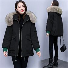 2022冬季新款韩版时尚简约宽松保暖舒适大毛领连帽棉衣，女装棉衣/棉服，三木叶子