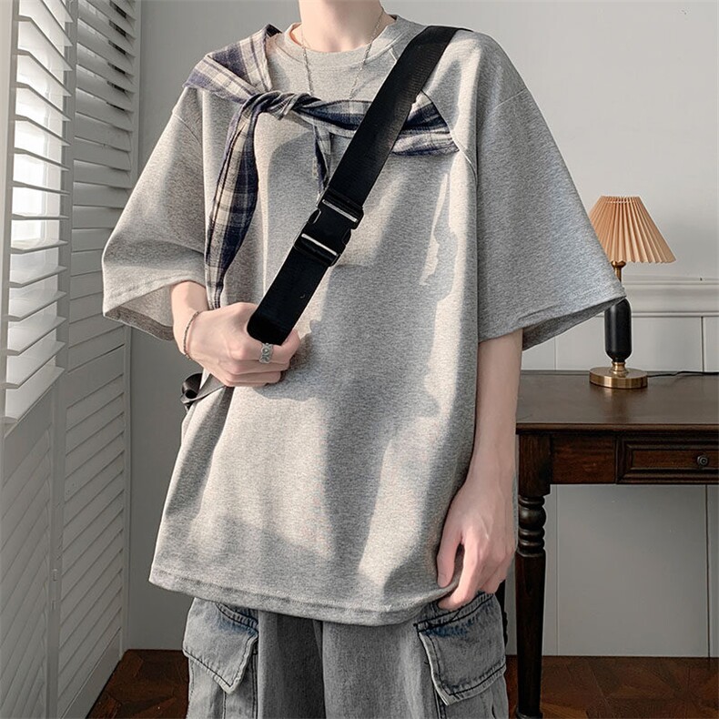 C542P40格子蝴蝶结拼接短袖t恤男ins夏季潮胖人宽松半，男装T恤，星座512-6