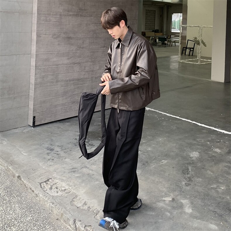 W643-P64痞帅Pu皮衣小众设计感潮牌双拉链垫肩皮夹克,男装皮衣,电商B323A