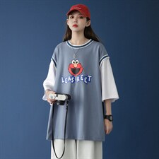 蓝墙夏季港风假两件潮流百搭休闲宽松短袖T恤男女A300-T1010-P35,女装T恤,天晨