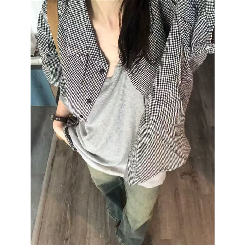 森系叠穿格子短袖衬衫女ins宽松遮肉显瘦情侣款衬衣外穿开衫上衣,男装衬衫,星座1210-1