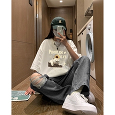 慵懒风小猫咪印花休闲宽松打底衫美式vibe纯棉短袖T恤HY574TP20，男装T恤，电商A102B