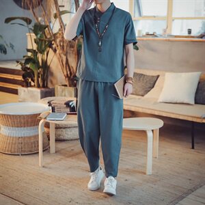 DY10* 2021夏季男士短袖T恤+九分裤套装阔腿裤两件套 卡其 *P55图片