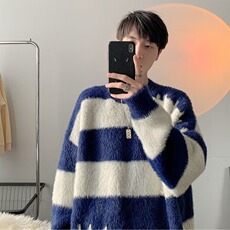 7334-P58条纹毛衣男宽松保暖针织衫外套2025冬季潮流情侣休闲，男装针织衫/毛衣，电商B323A