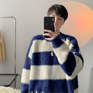 7334-P58 条纹毛衣男宽松保暖针织衫外套2025冬季潮流情侣休闲图片