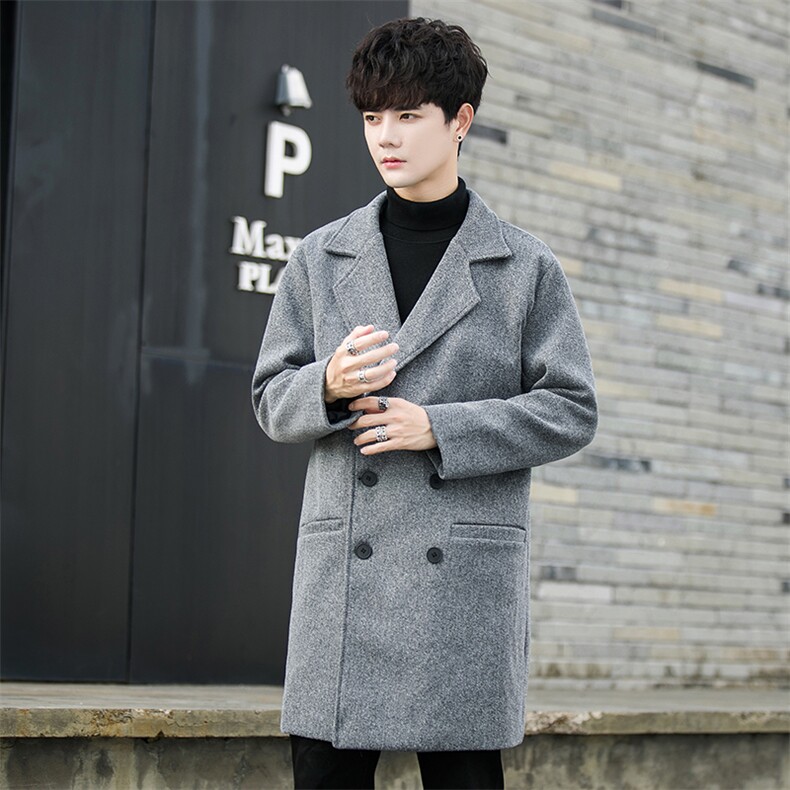 大码秋冬季新韩版毛呢大衣男中长款过膝风衣外套潮P70现货，男装风衣，星座225-1