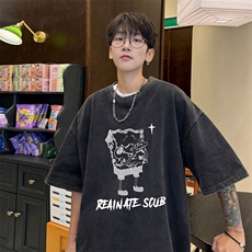 量大优供视频240g重磅美式炒雪花水洗做旧短袖t恤STX514-特P25，男装T恤，电商B371