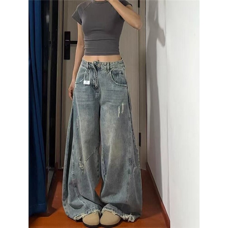 美式磨破阔腿牛仔裤女2025秋季新款高腰宽松显瘦遮胯弯刀拖地裤子图片