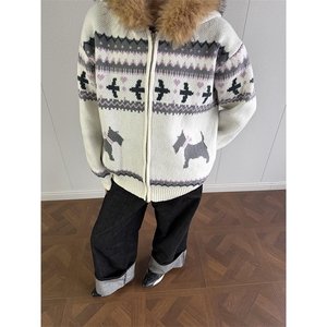 重磅北极绒座山雕毛衣外套冬美式复古休闲慵懒风大毛毛领针织开衫图片