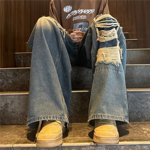 美式复古破洞牛仔裤男水洗做旧宽松阔腿拖地潮牌高街裤子XN009P50图片