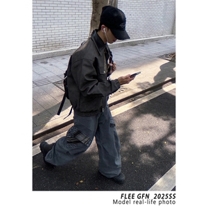 美式双层设计Pu夹克外套男翻领春秋上衣潮图片