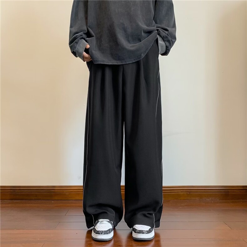 美式运动裤子男款秋季日系慵懒坠感直筒阔腿黑色条纹休闲长裤,男装休闲裤,四季星座218-1