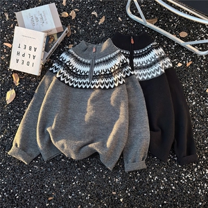 美式覆古费尔岛提花毛衣男款秋冬慵懒半高领拉炼针织衫MZ937-P58图片
