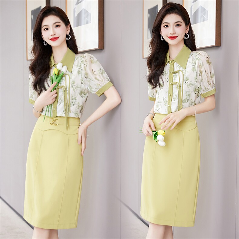 气质套装女夏新款复古盘扣洋气减龄印花衬衣修身包臀半身裙两件套，女装套装/套裙，火爆靓佳人