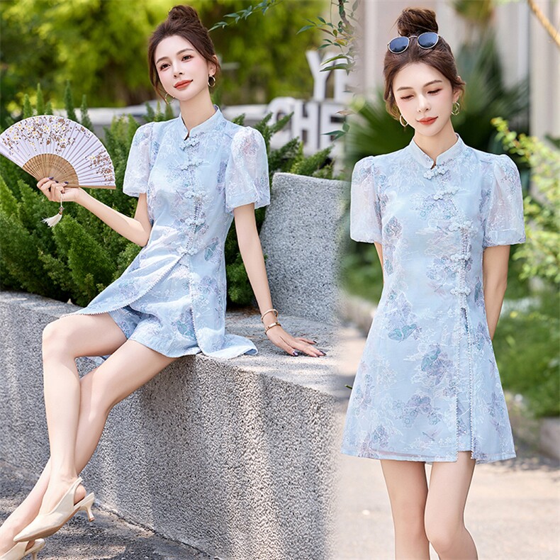 新中式国风名媛钉珠套装女2025新款盘扣旗袍裙高腰显瘦短裤两件套,女装套装/套裙,歌伊格美