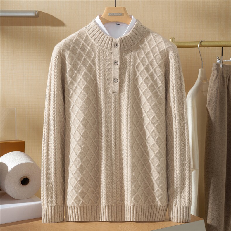 2025秋冬百搭时尚双股加厚菱形块半开领，男装羊绒套衫，澳坤羊绒
