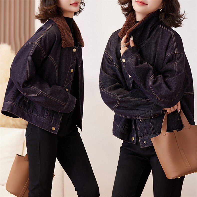 2024秋冬新款翻领潮流牛仔短外套女夹旅行出街夹棉保暖外套潮，女装牛仔外套，跑量工厂店