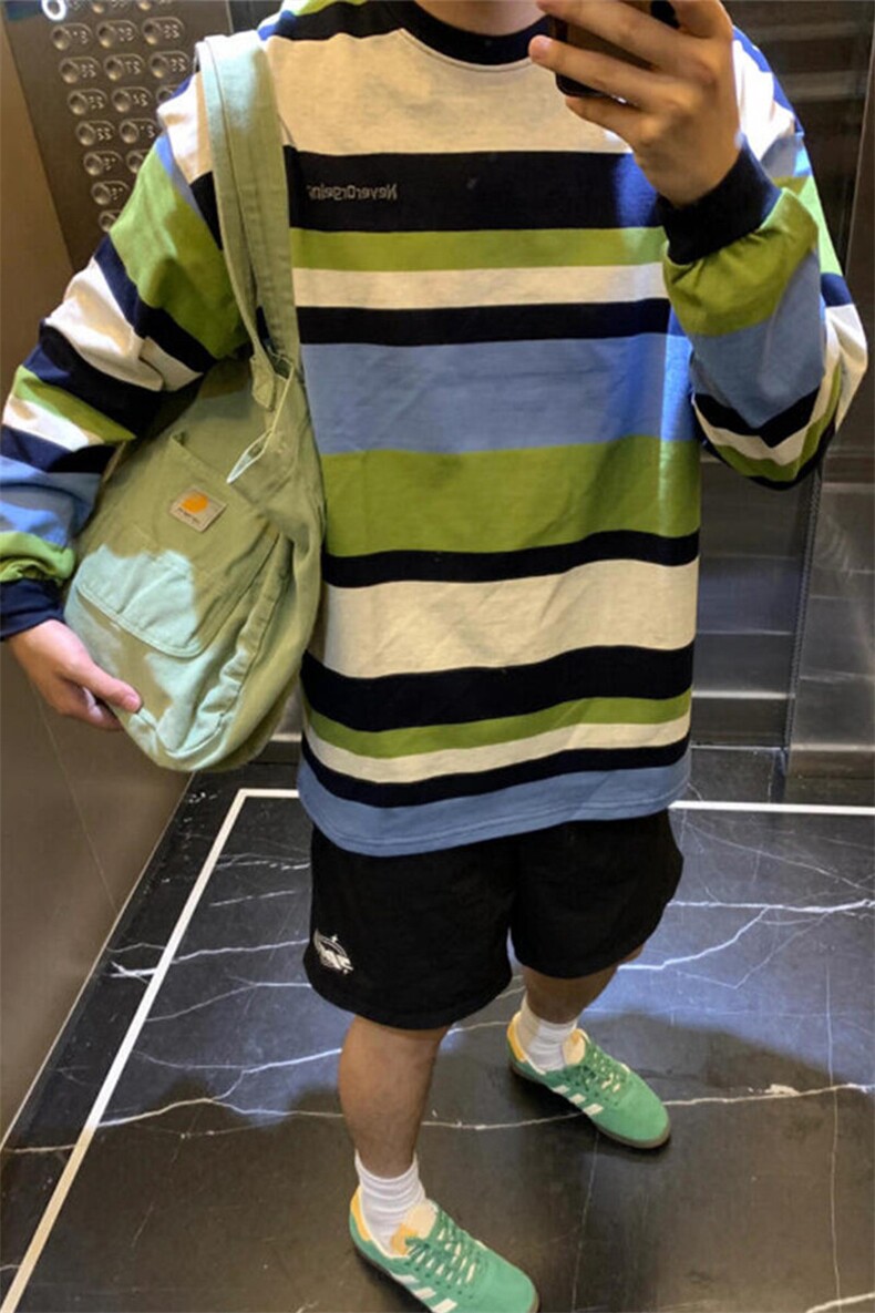 撞色拼接条纹长袖t恤美式复古圆领卫衣情侣休闲上衣TX87特P46,男装T恤,星座908-1