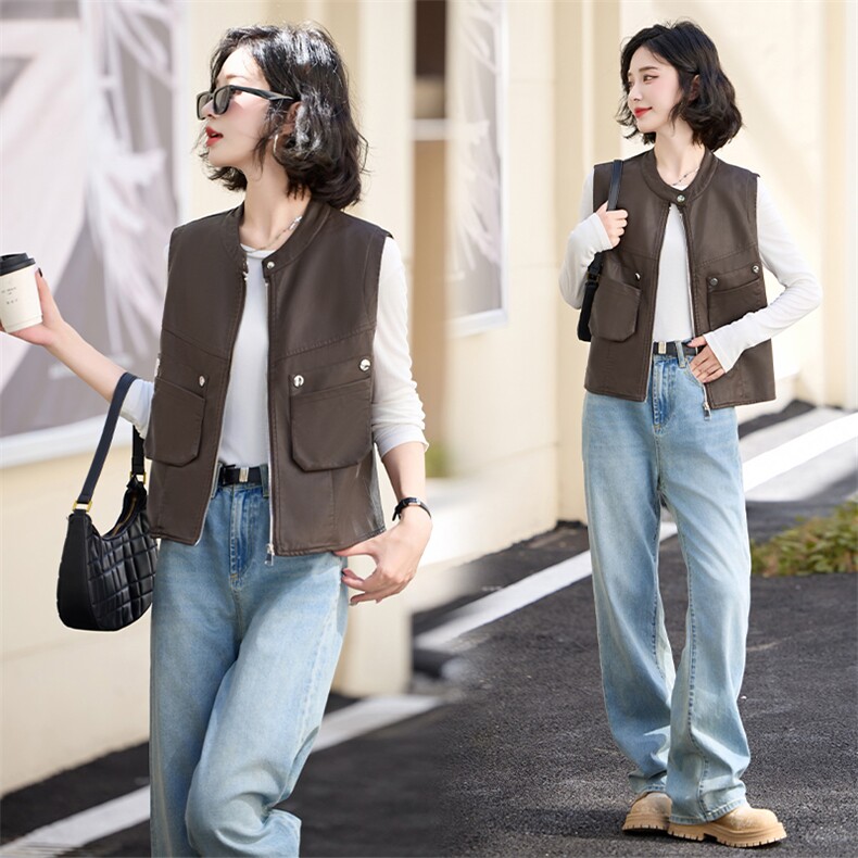 无袖立领2024秋季新款时尚坎肩马夹短款洋气pu皮衣马甲背心外套女，女装马甲，江南女神