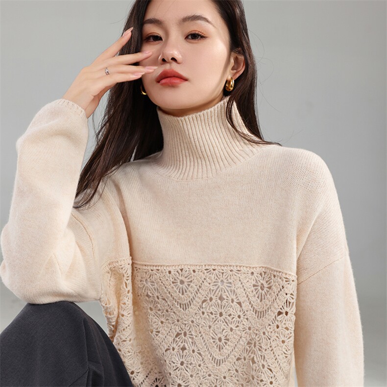 优雅女士高领镂空钩花衫纯时尚百搭温暖舒适秋季中国羊毛2025图片